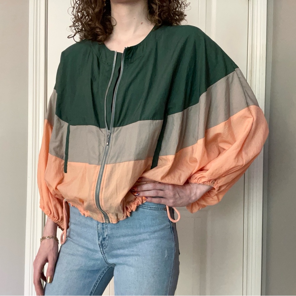 Anthropologie Elevenses green orange nylon windbreaker zip up lightweight jacket